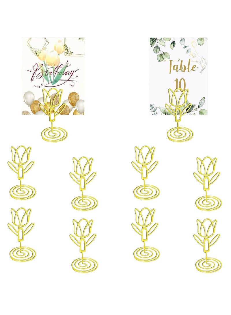 Generic Table Number Place Card Holders 10 PCS Gold Tulip Shape Photos Card Stand Business Card Card Holders for Wedding Party Mini Photo Playing Cards Holder Picture Menu Memo Clips  - Image 1