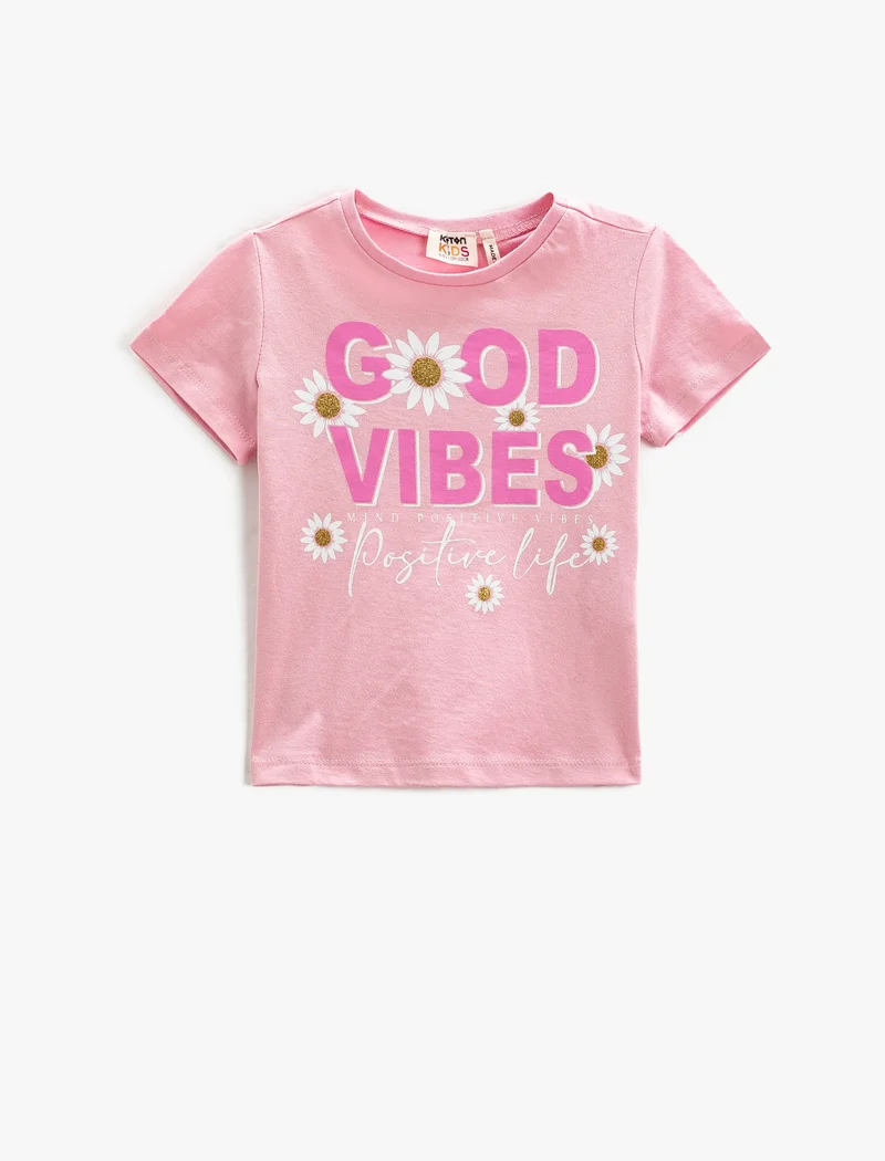 كوتون Short Sleeve T-Shirt Daisy Printed Crew Neck Glittery