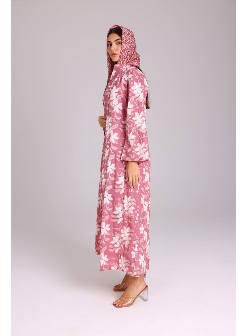 IKKXA Beautiful Autumn Leaves Prints Design Abaya Pink - Image 3