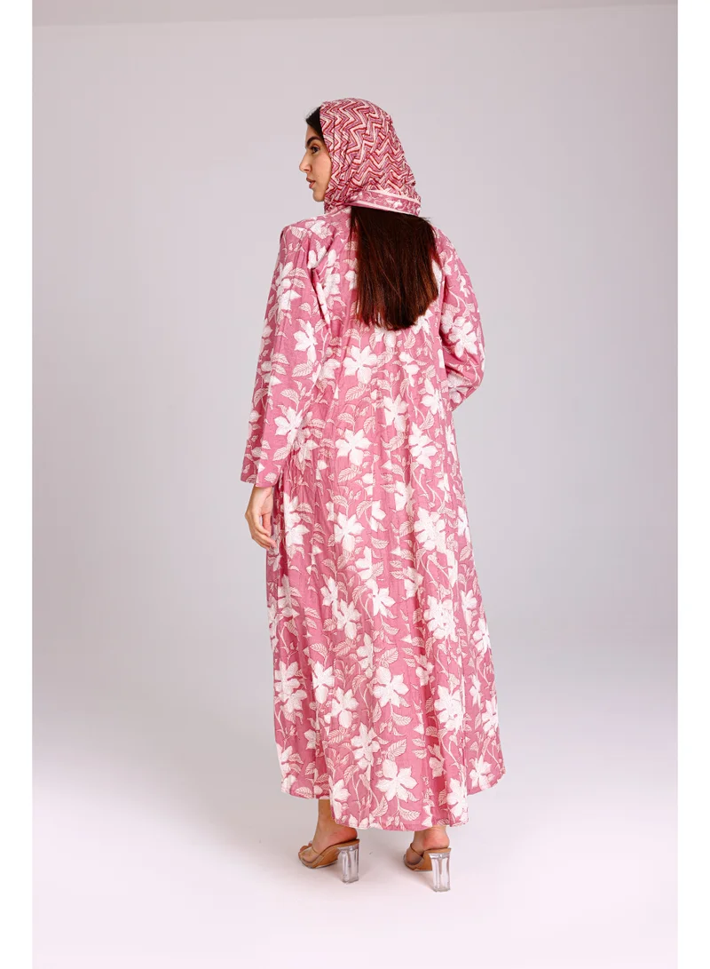 IKKXA  Beautiful Autumn Leaves Prints Design Abaya Pink for Women | Best Price UAE