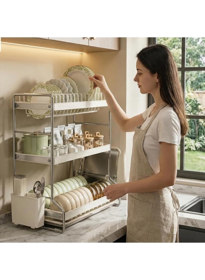 3-Tier Large Capacity 304 Stainless Steel Dish Drying Rack, Space Saving Kitchen Organizer with Utensil Holder, Cutting Board Holder & Drainboard Tray (Milky white) - Image 2