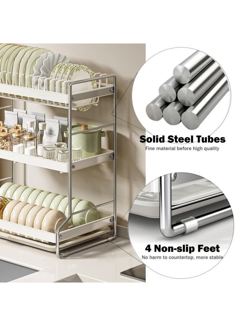 3-Tier Large Capacity 304 Stainless Steel Dish Drying Rack, Space Saving Kitchen Organizer with Utensil Holder, Cutting Board Holder & Drainboard Tray (Milky white) - Image 3