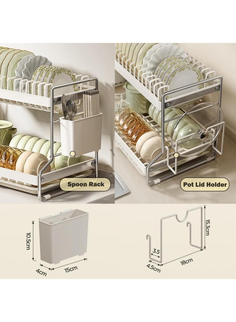 3-Tier Large Capacity 304 Stainless Steel Dish Drying Rack, Space Saving Kitchen Organizer with Utensil Holder, Cutting Board Holder & Drainboard Tray (Milky white) - Image 4