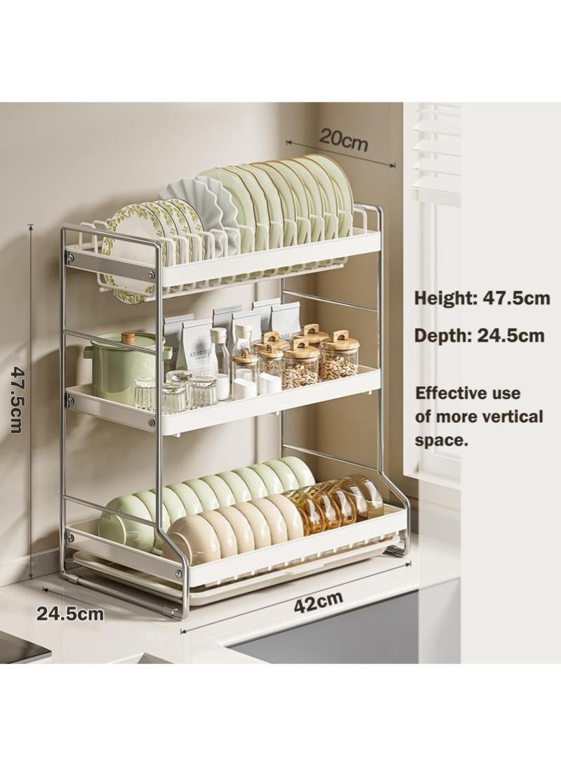 3-Tier Large Capacity 304 Stainless Steel Dish Drying Rack, Space Saving Kitchen Organizer with Utensil Holder, Cutting Board Holder & Drainboard Tray (Milky white) - Image 5