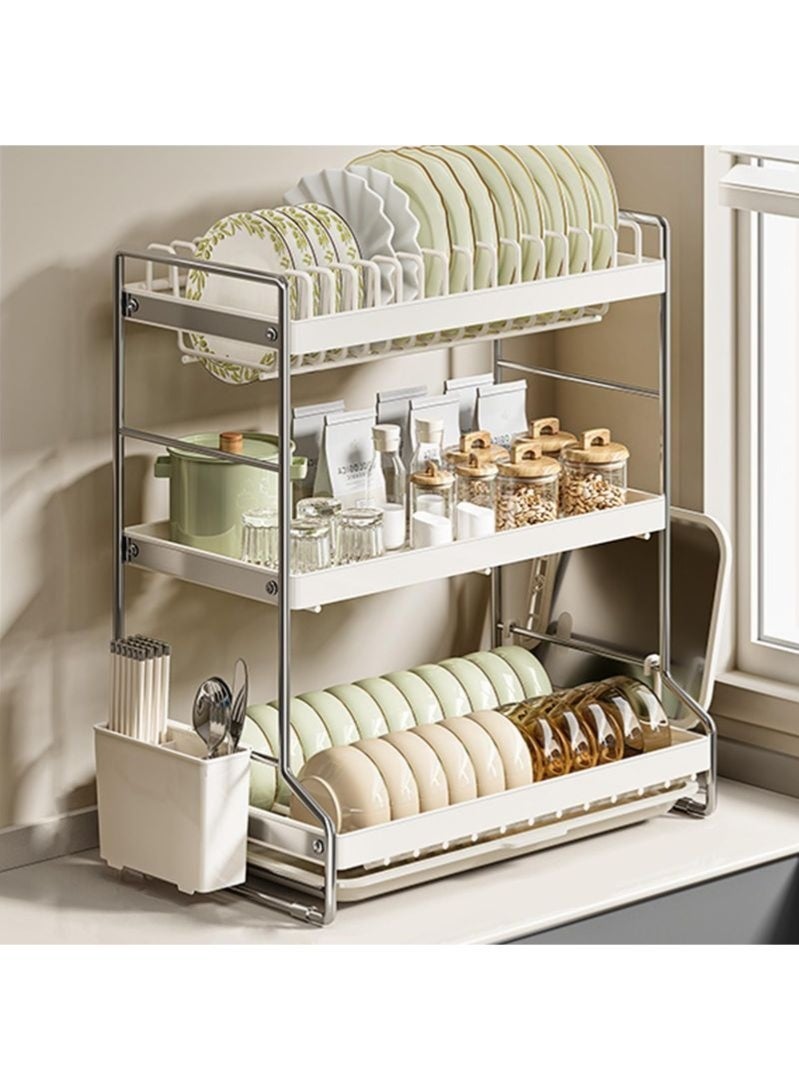 3-Tier Large Capacity 304 Stainless Steel Dish Drying Rack, Space Saving Kitchen Organizer with Utensil Holder, Cutting Board Holder & Drainboard Tray (Milky white) - Image 1