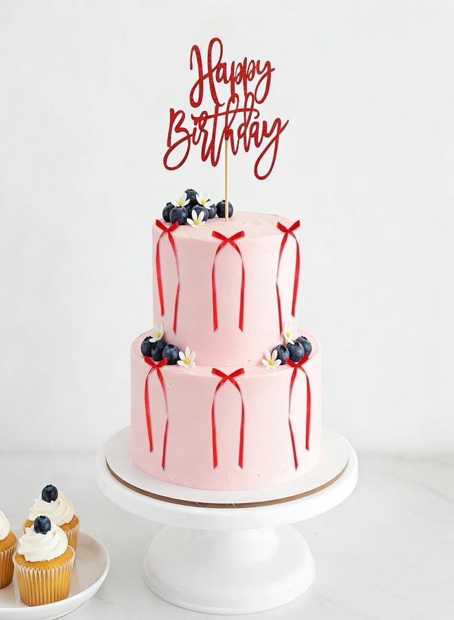 Yuomeaz 11 Pcs Red Bows for Cake Decorating, Red Bow Cake Toppers, Bowknot Decoration with Happy Birthday Cakes Topper for Wedding Anniversary Party - Image 3