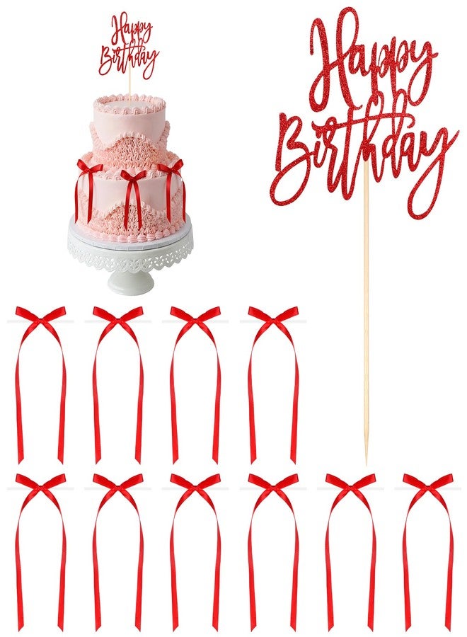 Yuomeaz 11 Pcs Red Bows for Cake Decorating, Red Bow Cake Toppers, Bowknot Decoration with Happy Birthday Cakes Topper for Wedding Anniversary Party - Image 1