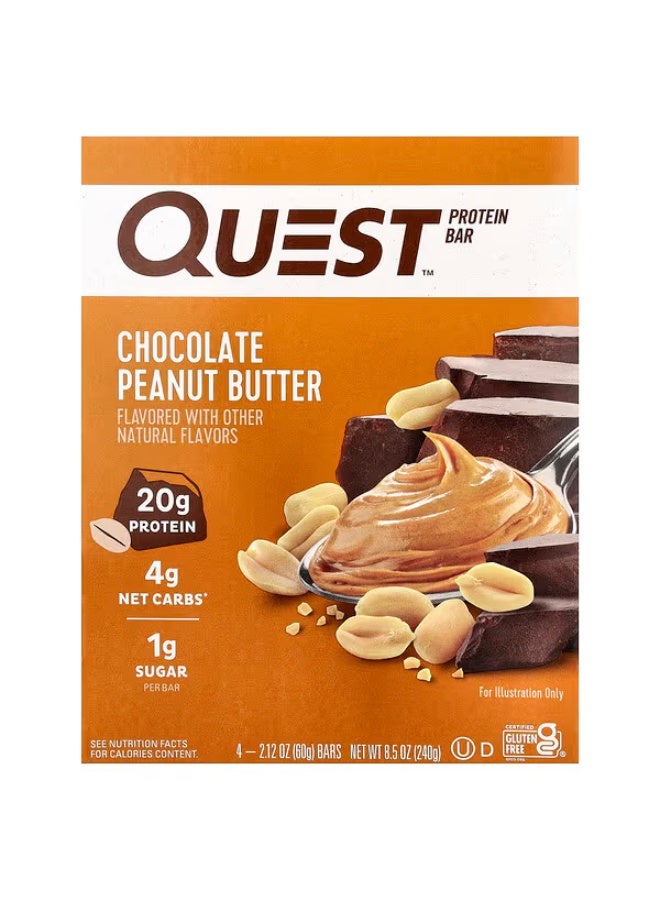 Quest Nutrition، بار بروتين، زبدة الفول السوداني بالشوكولاتة، 4 بارات، 2.12 أونصة (60 جم) لكل بار