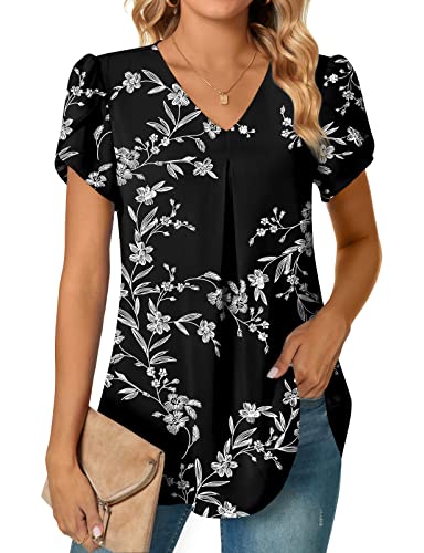 Anyally Women's Plus Size Summer Tunic Tops Dressy Casual Chiffon Blouses Short Sleeve T-Shirts for Leggings, L Black White Flower - Image 1