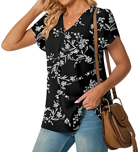 Anyally Women's Plus Size Summer Tunic Tops Dressy Casual Chiffon Blouses Short Sleeve T-Shirts for Leggings, L Black White Flower - Image 2