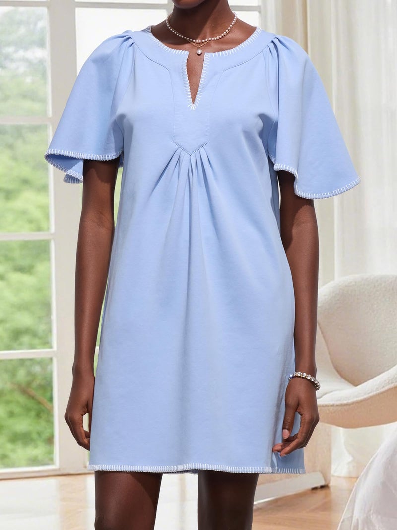 HOULENGS Women's Summer Flutter Short Sleeve A Line Mini Dress Casual Contrast Trim V Neck Short Dress with Pockets Blue X-Large - Image 5