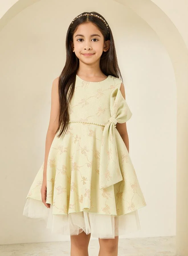 Styli Girls Jacquard Pleated Dress with Bow Detail
