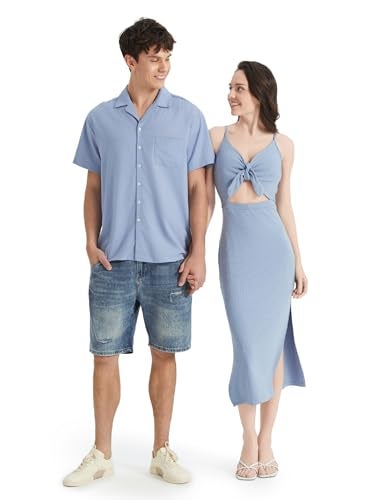 PATPAT Couples Matching Outfits: His and Hers Matching Sets Turndown Collar Solid Linen Chest Pocket Shirt Vacation Beach Light Apricot Men XXL - Image 1