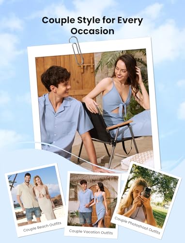 PATPAT Couples Matching Outfits: His and Hers Matching Sets Turndown Collar Solid Linen Chest Pocket Shirt Vacation Beach Light Apricot Men XXL - Image 2