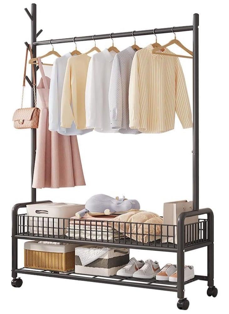 Generic Garment Rack,Heavy Duty Clothes Rack with 2 Tier Storage,Cloth Stand Storage Rack with Wheels and Hooks,Freestanding Metal Cloak Rack with Basket and shelf for Clothes,Hats Shoes 176×120×35cm (Black)  - Image 1