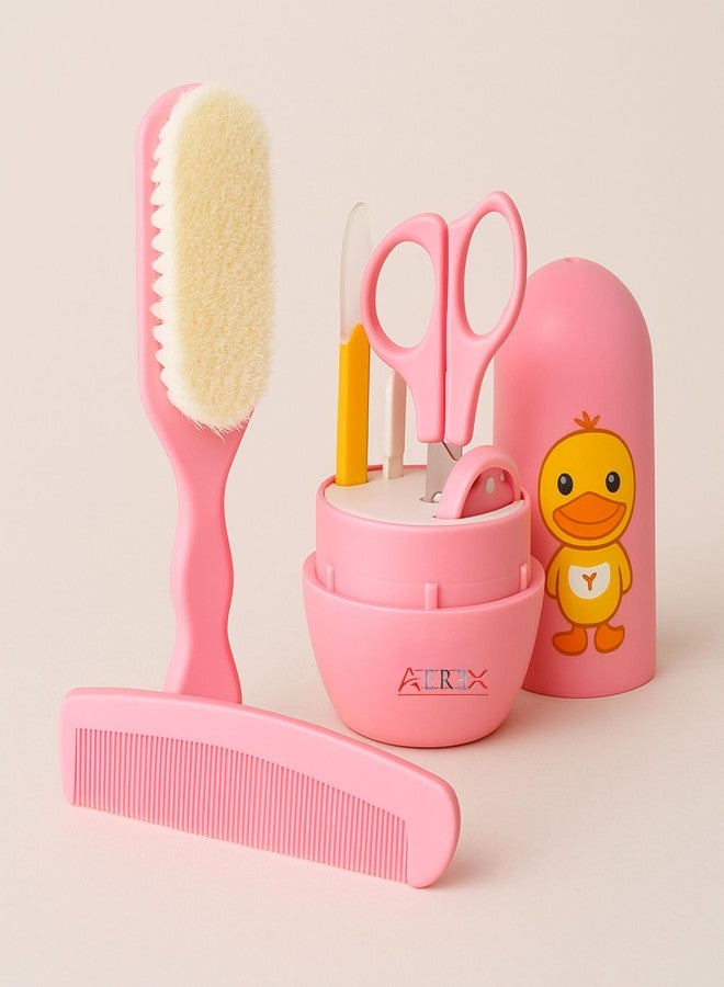 AEREX Baby Grooming Kit 5 in 1 – Newborn & Infant Care Set with Comb, Soft Brush, Baby Nail Clipper, Scissors & Storage Case – Baby Essentials for Daily Grooming (Pink) - Image 1