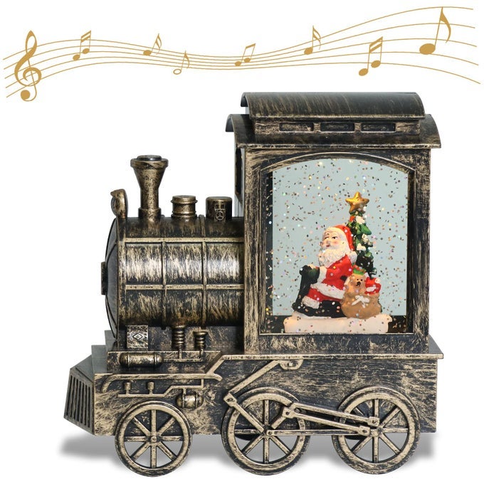 LIGHTED CHRISTMAS SNOW GLOBES MUSICAL LANTERN WITH TIMER BATTERY OPERATED AND USB POWERED SPINNING WATER AND SWIRLING GLITTER TRAIN SHAPE HOLIDAY DECORATION