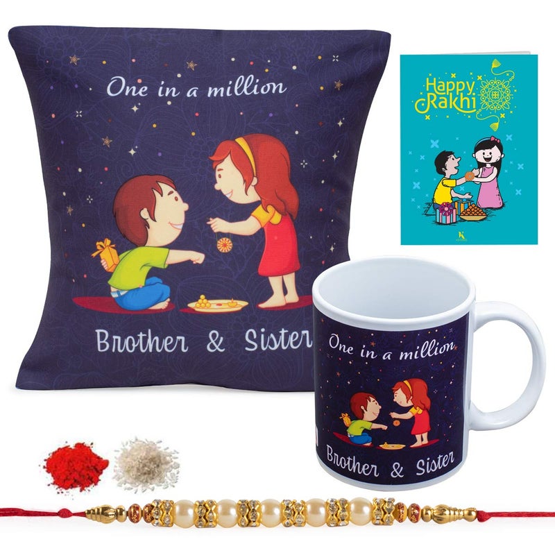 Kaameri Bazaar Rakhi Gift for Brother, One in a Million Brother and Sister Printed Cushion with Filler, Mug, Rakhi for Brother, Roli & Greeting Card -Rakhi Gift for Brother bhai Men - Image 1