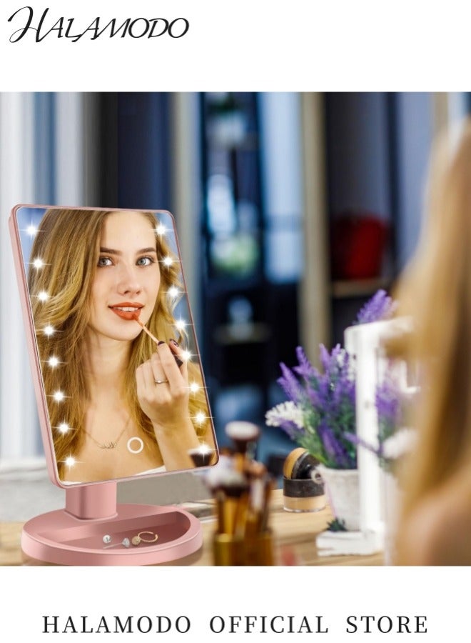 HALAMODO Lighted Vanity Makeup Mirror with 22 Led Lights 360 Degree Rotation Lighted Mirror Dimmable Desk Mirror with Light with Touch Screen USB Dual Supply Bathroom Beauty Cosmetic Mirror  - Image 2