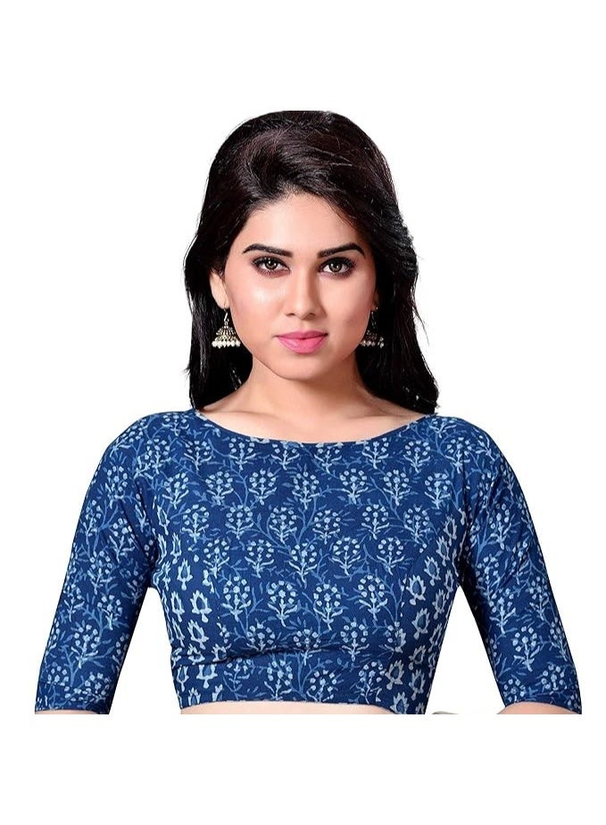 Studio Shringaar Women's Indigo Blue Cotton Block Printed V Neck Saree Blouse - Image 1