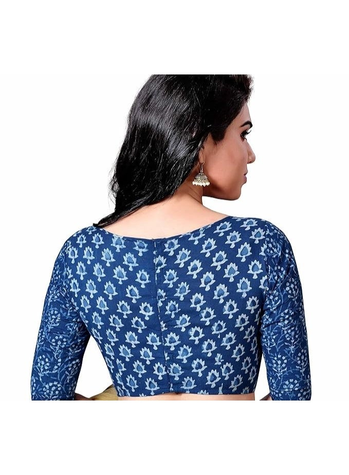 Studio Shringaar Women's Indigo Blue Cotton Block Printed V Neck Saree Blouse - Image 3