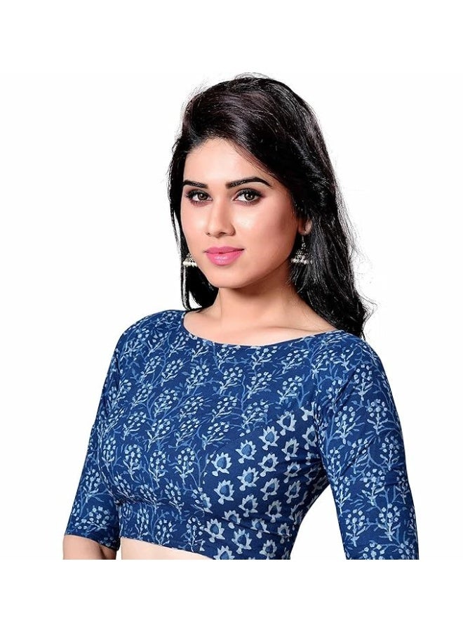 Studio Shringaar Women's Indigo Blue Cotton Block Printed V Neck Saree Blouse - Image 2