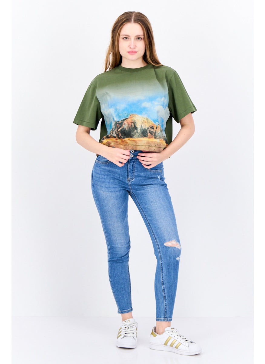 ESPRIT Women Oversized Crew Neck Short Sleeves Graphic Print Crop Top, Olive  - Image 4