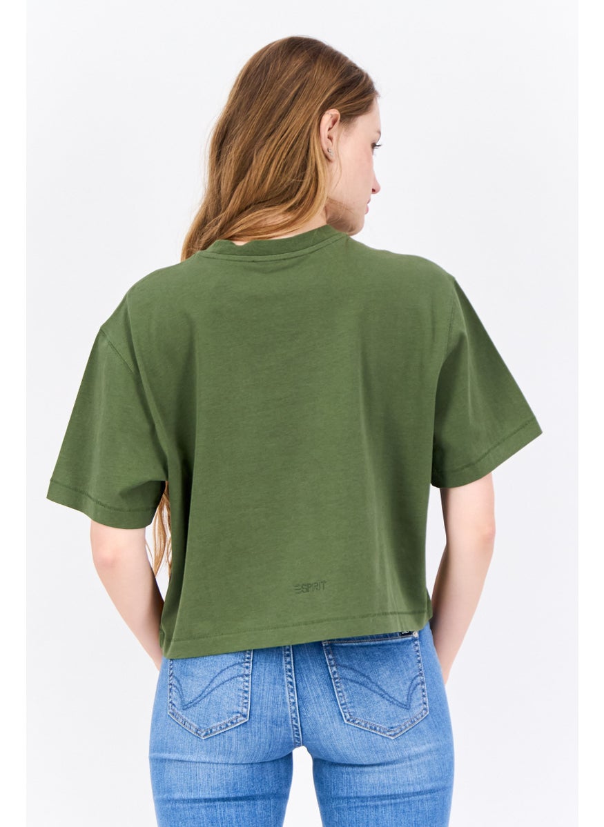 ESPRIT Women Oversized Crew Neck Short Sleeves Graphic Print Crop Top, Olive  - Image 3