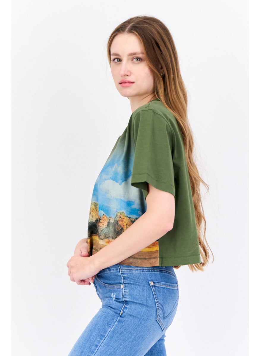 ESPRIT Women Oversized Crew Neck Short Sleeves Graphic Print Crop Top, Olive  - Image 2
