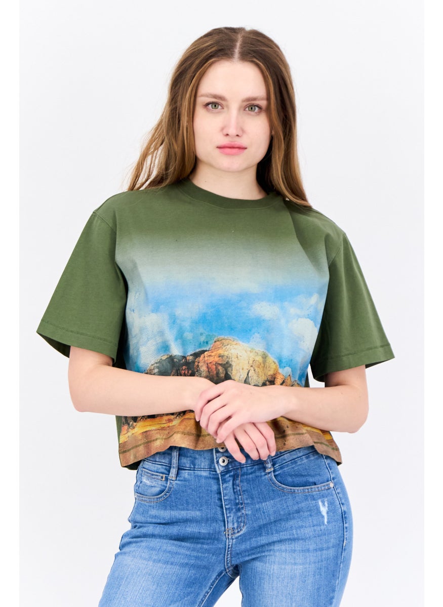 ESPRIT Women Oversized Crew Neck Short Sleeves Graphic Print Crop Top, Olive  - Image 1