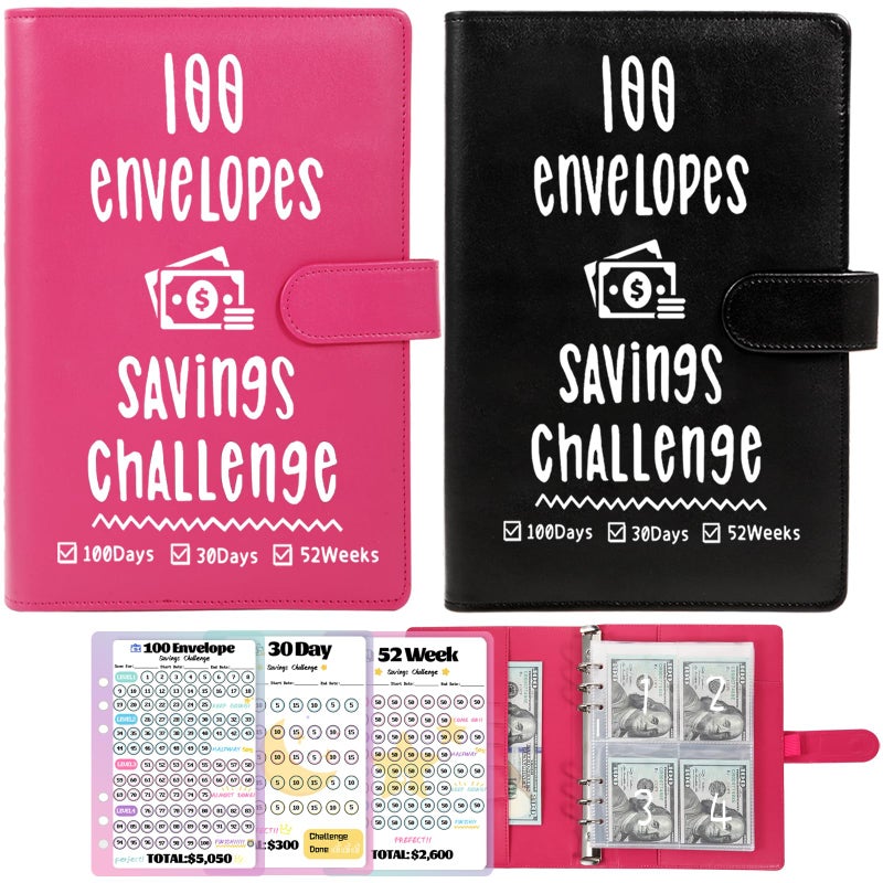 VAZOCA 100 Envelopes Money Saving Challenge, Cash Budget Planner A5 Binder, Savings Challenges Book Organizer Folder, with 3 Tracker to Save $5,050 and $2,600, 300, 100 Pre-numbered Pockets, Black - Image 1