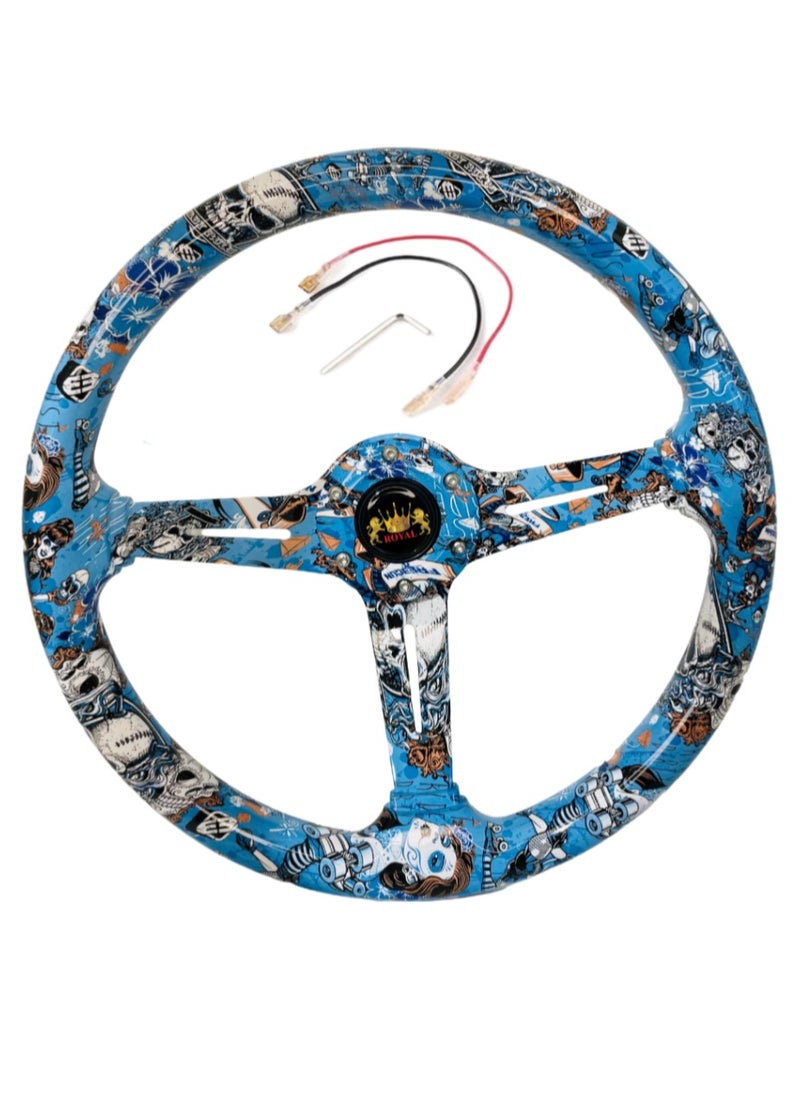Royal ROYAL - Classic ABS Racing Steering Wheel Neo Chrome Spokes 345mm 13.5" Sports Blue Printed Steering Wheel with Horn Tuning (DYT-5173) (Blue)  - Image 1