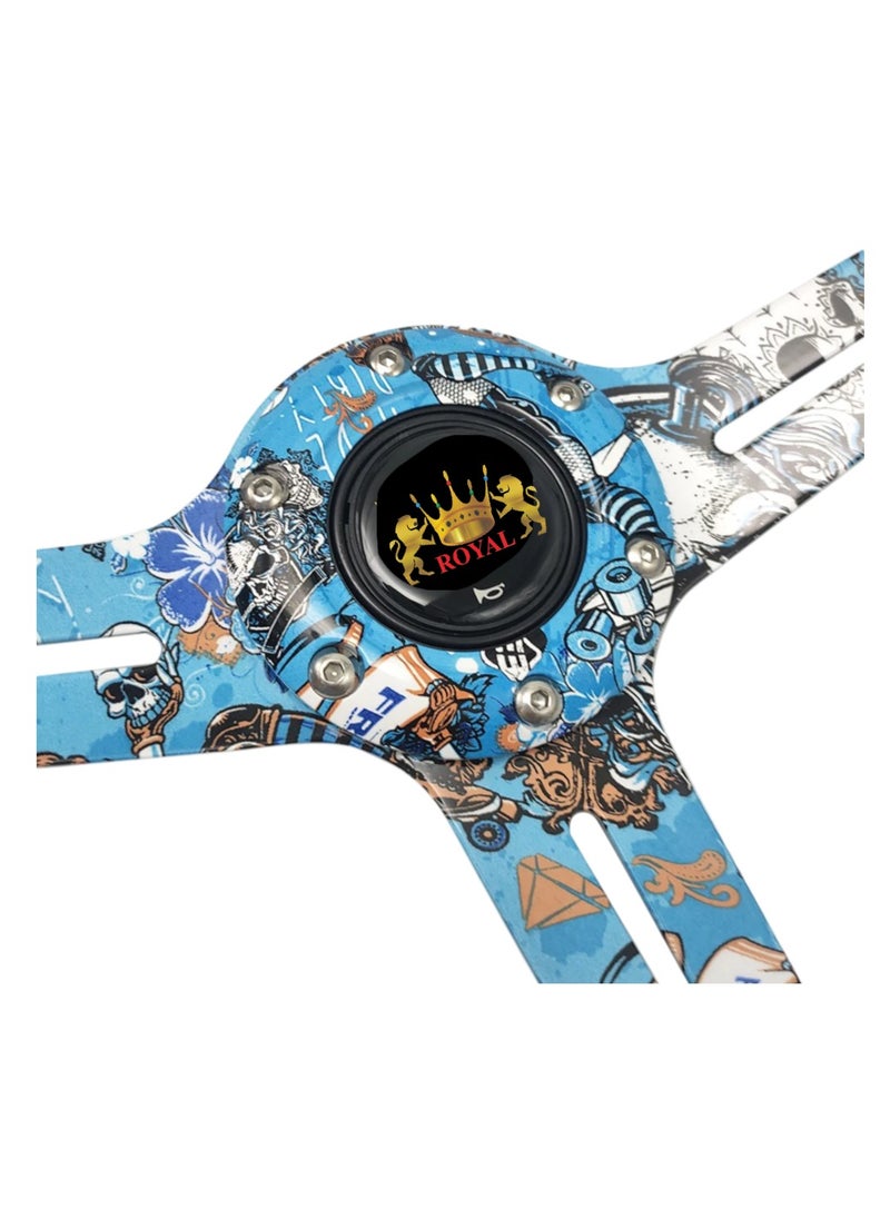 Royal ROYAL - Classic ABS Racing Steering Wheel Neo Chrome Spokes 345mm 13.5" Sports Blue Printed Steering Wheel with Horn Tuning (DYT-5173) (Blue)  - Image 3
