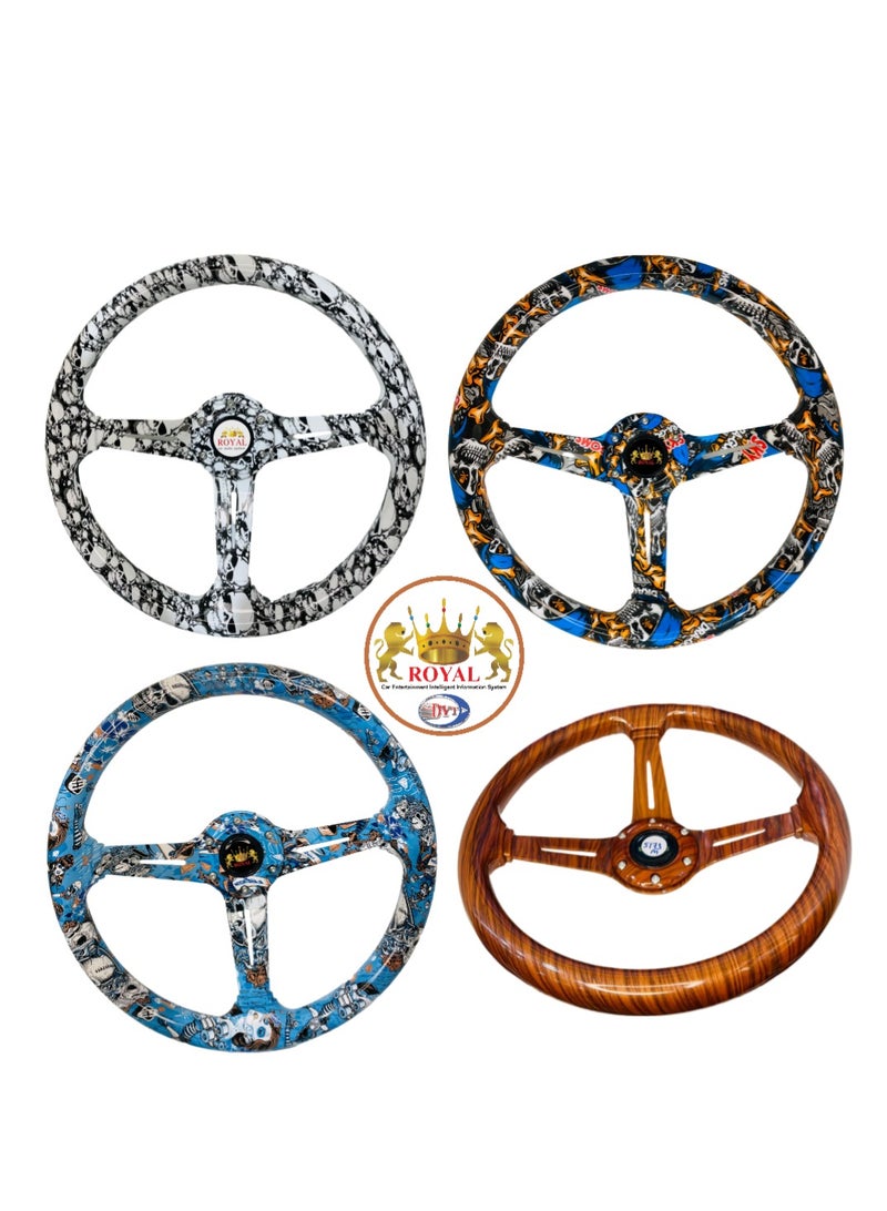 ROYAL - Classic ABS Racing Steering Wheel Neo Chrome Spokes 345mm 13.5" Sports Blue Printed Steering Wheel with Horn Tuning (DYT-5173) (Blue)