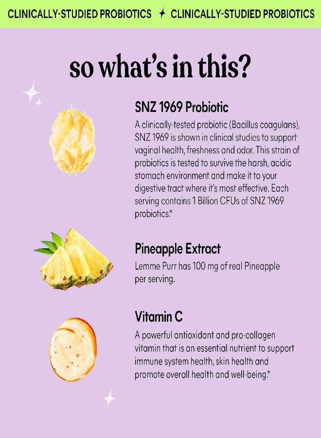 Lemme Purr Vaginal Probiotic Gummies for Women - Balanced pH, Healthy Odor, Yeast Balance And Flora Support + Vitamin C for Immune Health - Tasty Pineapple, 60 Count - Image 3