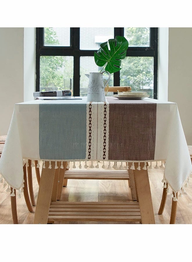 Tablecloth, Rectangular Cotton Linen Washable Table Cloth with Tassel, Table Decoration Cloth for Rectangle Oblong Table, Kitchen, Dining, Tea Table Tabletop Decoration (55 x 71 inch, Blue Brown) - Image 1