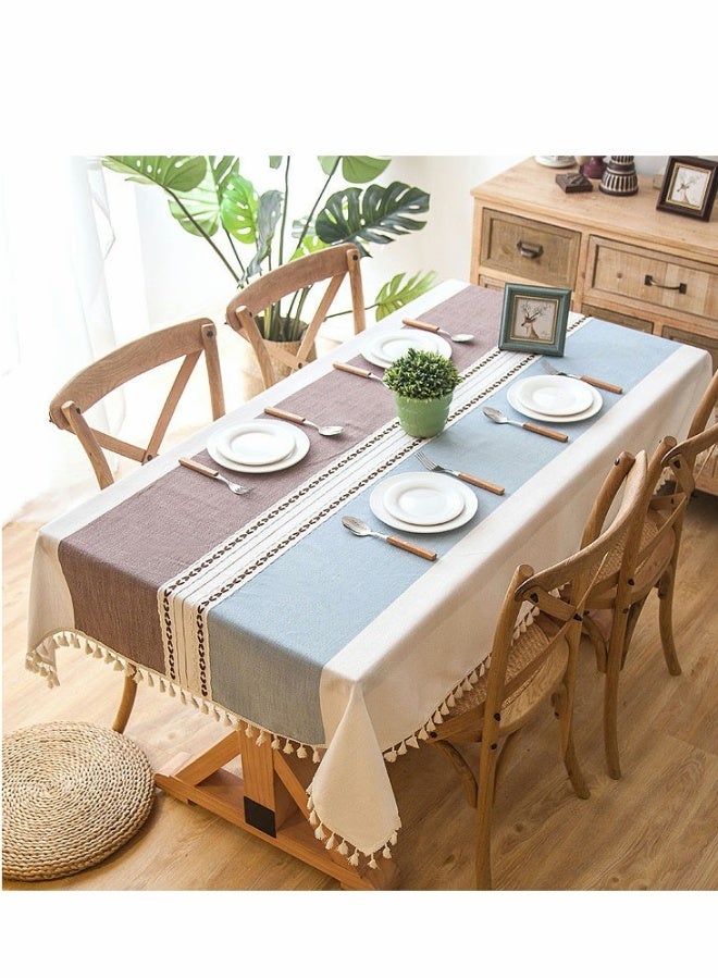 Tablecloth, Rectangular Cotton Linen Washable Table Cloth with Tassel, Table Decoration Cloth for Rectangle Oblong Table, Kitchen, Dining, Tea Table Tabletop Decoration (55 x 71 inch, Blue Brown) - Image 5