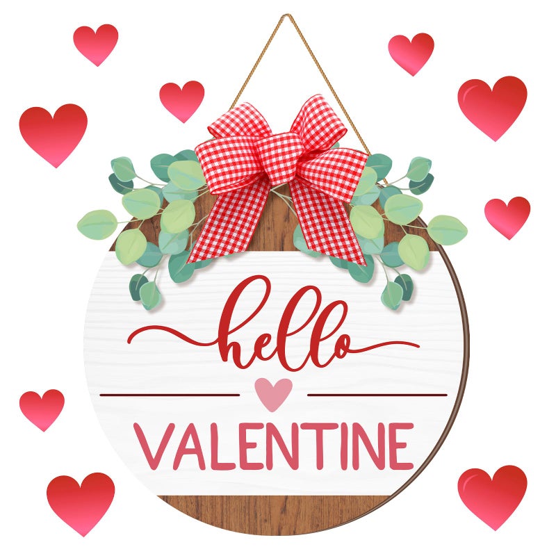 Shellwei Happy Valentines Day Sign for Front Door 12 Inches Wood Red Pink Round with Bow Decoration Valentines Day Wood Wreath Indoor Wall Hanging Decoration for Wedding Home Outdoor Porch