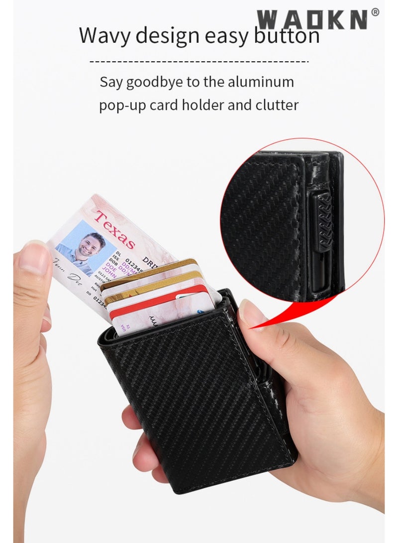 WAOKN "Unisex Bi-Fold PU Card Holder Multi Card Slots, , RFID Blocking, Slim, Minimalist, Ultra-Thin, Front Pocket, 8 Card Capacity | ID Window | Minimalist Wallet for Daily Travel，Slim Wallet for Men Women Daily Use（Carbon Fiber Black）
" - Image 3