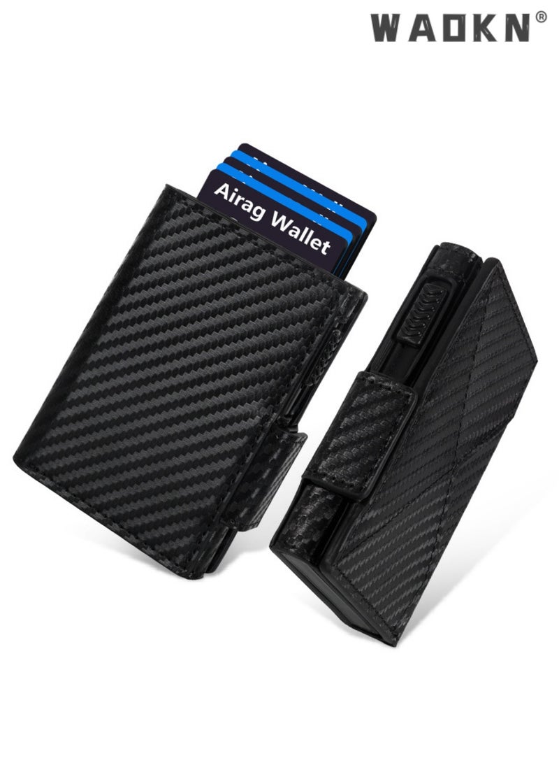 WAOKN "Unisex Bi-Fold PU Card Holder Multi Card Slots, , RFID Blocking, Slim, Minimalist, Ultra-Thin, Front Pocket, 8 Card Capacity | ID Window | Minimalist Wallet for Daily Travel，Slim Wallet for Men Women Daily Use（Carbon Fiber Black）
" - Image 1