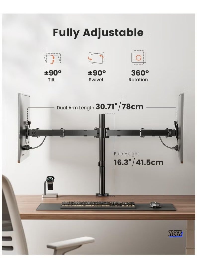 TIGER Dual Monitor Stand for 13 to 32 Inch Screens – Adjustable Monitor Arm Mount with Ergonomic Viewing Angle, Tilt ±45°, Swivel 180°, Rotate 360°, VESA 75/100mm  - Image 5