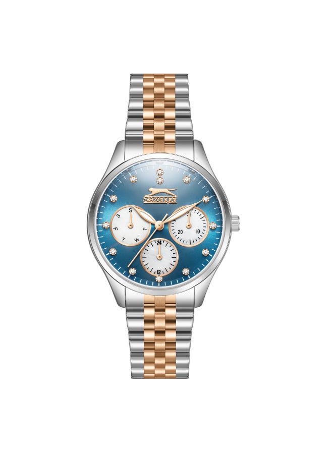 سلازنجر ساعة نسائية متعددة الوظائف بسوار معدني فضيذهبي وردي - Image 1