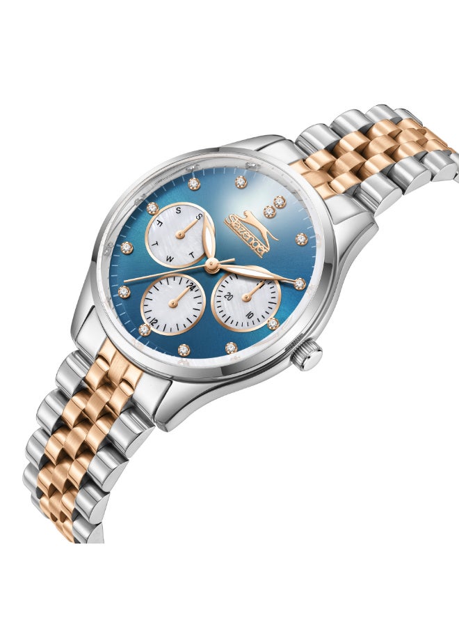 سلازنجر ساعة نسائية متعددة الوظائف بسوار معدني فضيذهبي وردي - Image 4