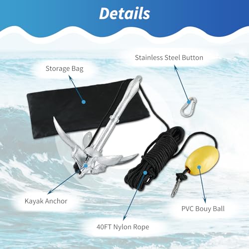 weyleity Kayak Anchor 3.5lbs/1.5kg Folding Anchor | Folding Grapnel Anchor with 12meters/39.37feet*6mm Rope Boat Anchor for Fishing Kayaks SUP Paddle Boards Canoes Jet Ski PWC Inflatable Small Boats - Image 3