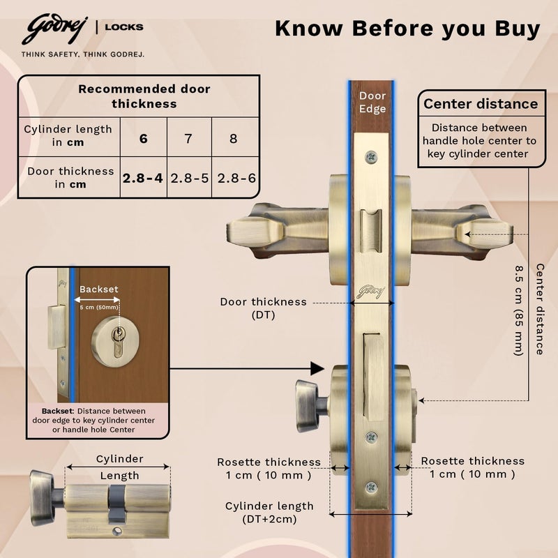 Godrej Locking Solutions and Systems Godrej Mortise LockHandle Lock Set for Main Bedroom DoorHDH 09 Rossette Home Dcor HandleMatte Antique Brass Finish9 Inch Lockbody70 mm 1CK Cylinder Knob from Inside 3 Keys 5 Y Warranty  - Image 4