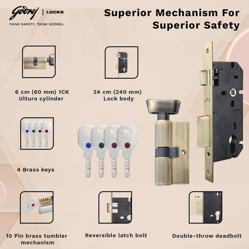 Godrej Locking Solutions and Systems Godrej Mortise LockHandle Lock Set for Main Bedroom DoorHDH 09 Rossette Home Dcor HandleMatte Antique Brass Finish9 Inch Lockbody70 mm 1CK Cylinder Knob from Inside 3 Keys 5 Y Warranty  - Image 3
