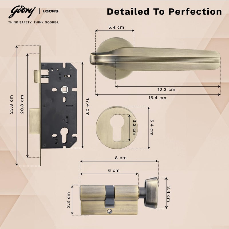 Godrej Locking Solutions and Systems Godrej Mortise LockHandle Lock Set for Main Bedroom DoorHDH 09 Rossette Home Dcor HandleMatte Antique Brass Finish9 Inch Lockbody70 mm 1CK Cylinder Knob from Inside 3 Keys 5 Y Warranty  - Image 5