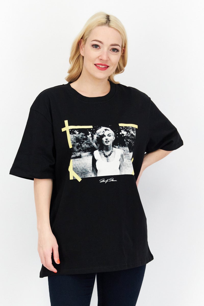 Marilyn Monroe Women Oversized Crew Neck Short Sleeve Graphic Print T-shirt, Black - Image 1