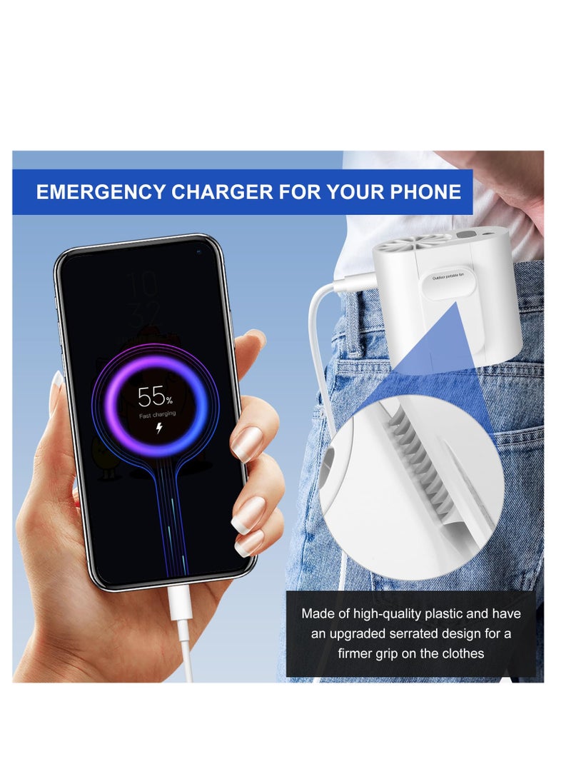 مروحة خصر مدمجة قابلة للتثبيت مع شاشة عرض، بطارية قابلة لإعادة الشحن 8000mAh، مصباح يدوي مدمج، مثالية للتخييم، التنزه، البستنة، والأعمال الخارجية - مروحة شخصية محمولة باللون الأبيض. - Image 5
