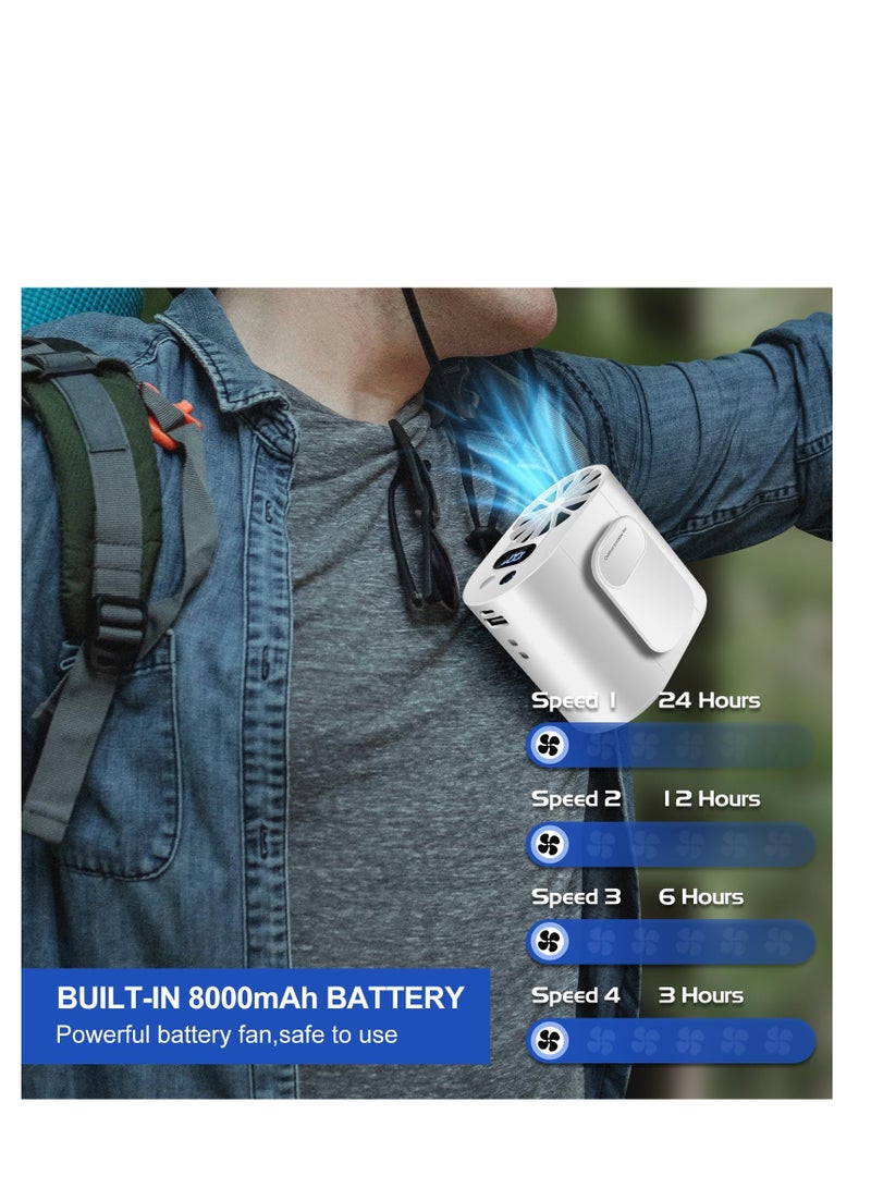 مروحة خصر مدمجة قابلة للتثبيت مع شاشة عرض، بطارية قابلة لإعادة الشحن 8000mAh، مصباح يدوي مدمج، مثالية للتخييم، التنزه، البستنة، والأعمال الخارجية - مروحة شخصية محمولة باللون الأبيض. - Image 2